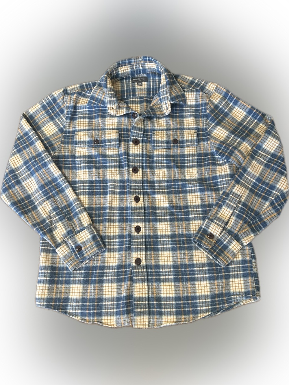 L.L. Bean Blue and Cream Plaid Flannel Button-Down Shirt